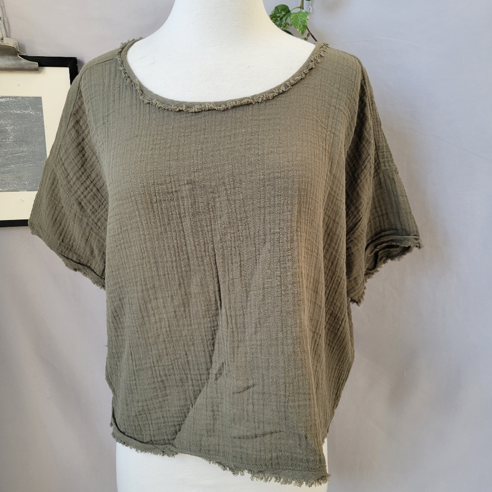 Eileen Fisher Gauze Organic Cotton Boxy Fit Short Sleeve Top Green S
